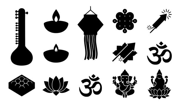 Indian diwali festival black silhouette icon set featuring ganesha lakshmi sitar diya lamps om and traditional elements on white background