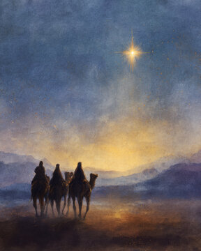 Watercolor illustration of biblical Magi (Three Wise Men) riding camels across a desert under a starry night, guided by the glowing Star of Bethlehem.