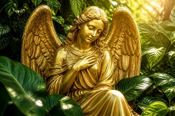 Obraz premium Gold angel statue seated among lush leaves with sunlight
