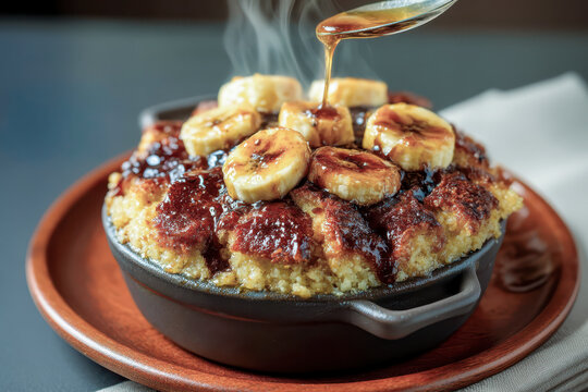Banana bread pudding with caramel sauce steaming hot