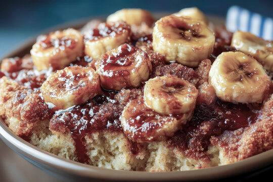 Banana cake with caramelized banana slices and caramel sauce
