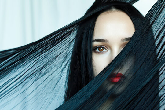 Woman's mysterious gaze peering through black veil