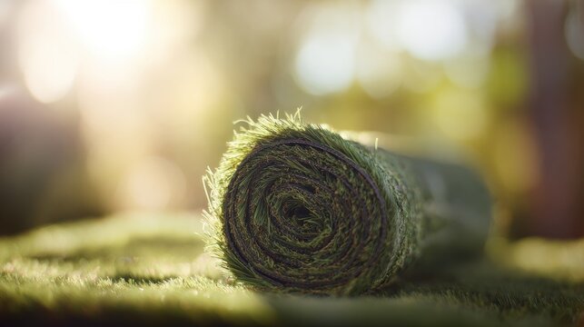 Green grass roll lies on the ground in a sunny outdoor space during daytime in a garden or yard
