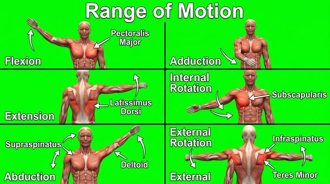 Shoulder joint range of motion chart. Human anatomy diagram showing muscle movements.