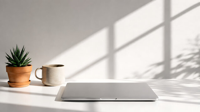 Minimalist home office workspace, closed silver laptop on white desk, modern workspace with morning sunlight shadows and potted succulent isolated on White Background ai