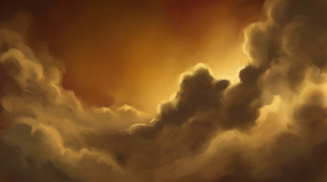 Golden fog rolling through warm gradient clouds with dramatic sunset backlighting and rich amber atmospheric depth