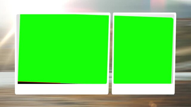 Polaroid frames showcase two green screens positioned side by side for creative layouts.