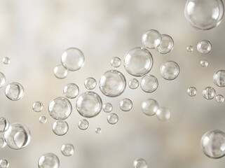 Fototapeta premium Floating transparent water bubbles of various sizes suspended against a soft neutral blurred background, creating a light, airy atmosphere