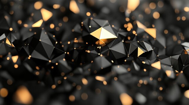 An intricate design features black and gold geometric shapes, highlighting a dynamic contrast and depth in the arrangement of the objects