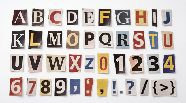 A collection of individual letters, numbers, and punctuation marks cut from various newspapers on a white background.