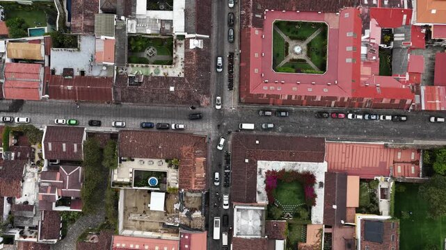 Aerial view of historic intersection in Antigua Guatemala with colonial architecture and cobblestone streets in Antigua Guatemala, Sacatepequez, Guatemala.