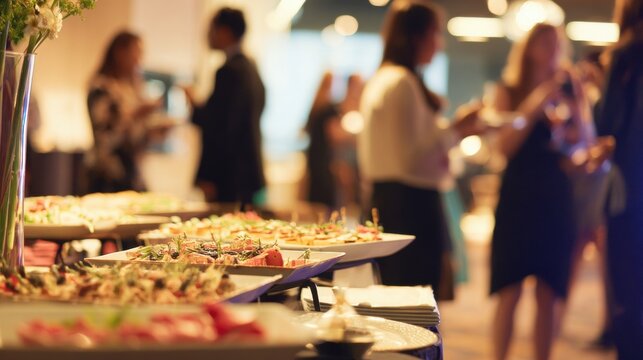 Guests enjoy a cocktail event with food served on plates in a well-lit venue during the evening