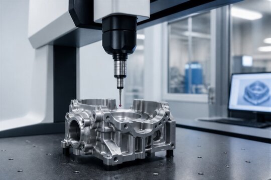 Cnc coordinate measuring probe inspecting metal engine housing in lab