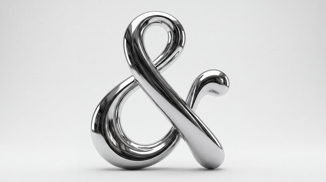 A glossy, metallic ampersand symbol rendered in polished chrome, set against a clean, minimalist white background.