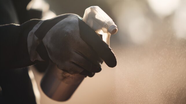 Cleaning spray in hand during evening work on outdoor project