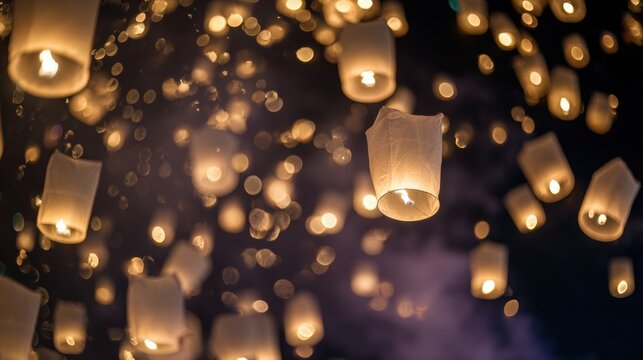 Lanterns float in the dark night sky during a festival celebration in a lively outdoor setting