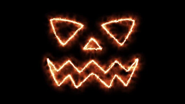 Glowing fire jack-o-lantern face animation, spooky halloween burning pumpkin silhouette on black background