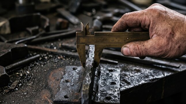 A blacksmith hand measuring metal with calipers in a workshop. Concept of craftsmanship, industry, and artisanal metalwork, perfect for illustrating precision and skill. Generative AI.