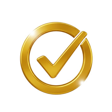 Gold check mark in circle on transparent background.