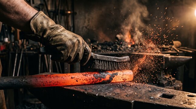 A blacksmith uses a wire brush to clean glowing hot iron on an anvil. Concept Forging, craftsmanship, metalworking, traditional trades, and industrial artistry. Generative AI.