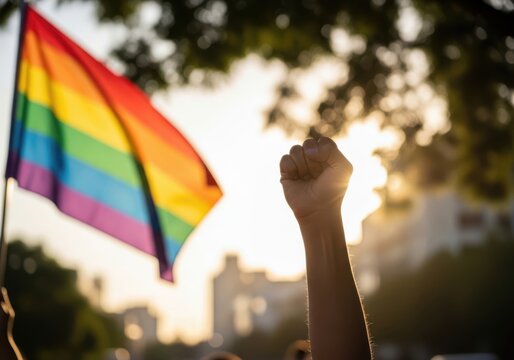 Raised fist in front of a pride flag