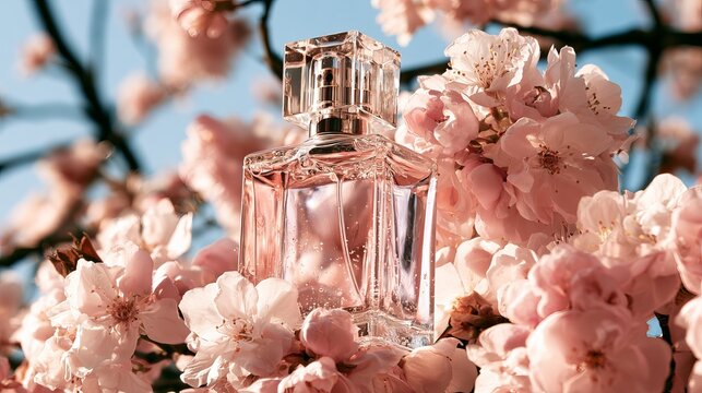 Pink perfume bottle, sparkling with water, sat on flowers, suggesting spring romance.