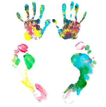 Colorful footprint and hand print isolated on white, clipping path