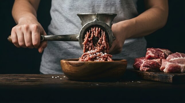 chef grinding fresh raw meat with manual vintage meat grinder into wooden bowl