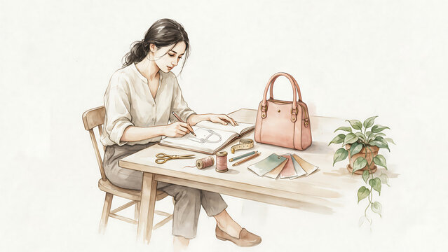 A young woman sketching a handbag at a wooden table isolated on a transparent background