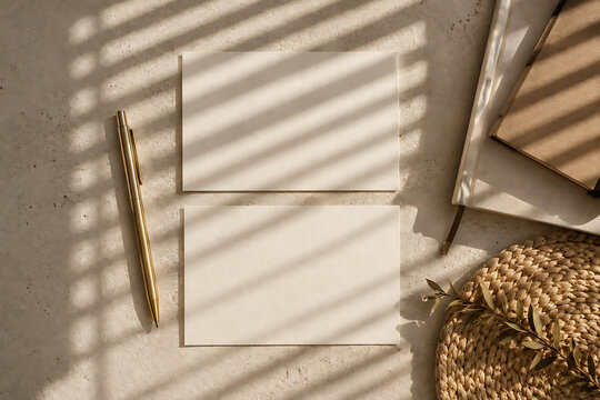 Minimalist business card mockup with window blind shadows, elegant stationery branding template, aesthetic paper cards on stone surface isolated on White Background ai