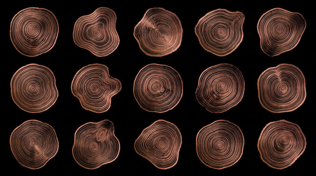 A collection of tree trunk cross-sections with visible growth rings, creating an abstract, textured pattern on a black background.