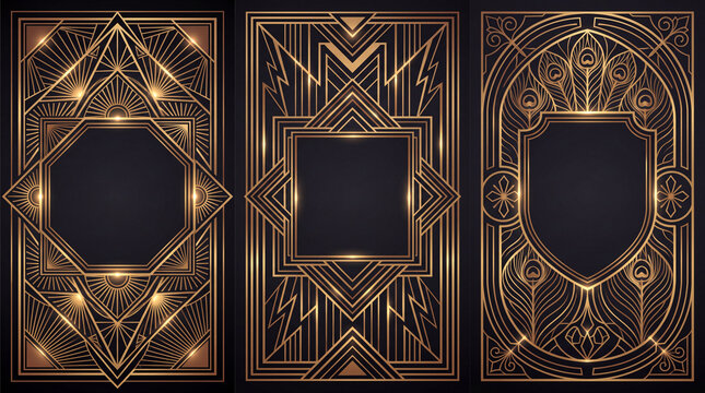 Collection of three Art Deco frames featuring intricate gold geometric patterns and elements like sunbursts and peacock feathers on a dark background.