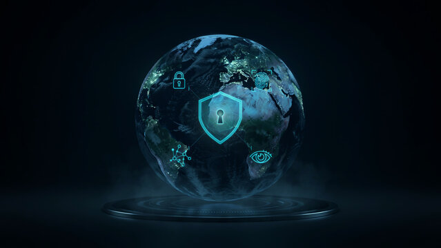 : A glowing digital globe surrounded by cybersecurity icons and a blue shield symbol represents global data protection and network security on a dark background.