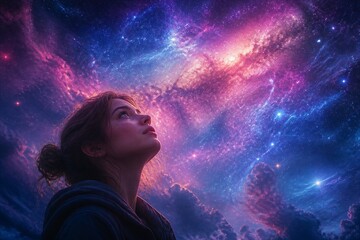 Fototapeta premium Young woman gazing upward at vibrant galaxy night sky