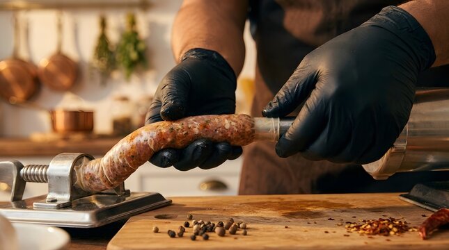 chef gloved hands using stuffer machine making fresh homemade sausage in kitchen counter