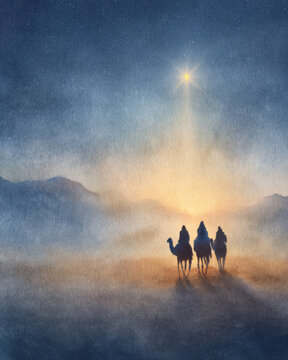 Watercolor illustration of biblical Magi (Three Wise Men) riding camels across a desert under a starry night, guided by the glowing Star of Bethlehem.