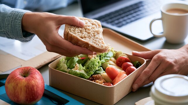 Hands show open lunchbox on desk with food, suggesting good office meals and eating habits.