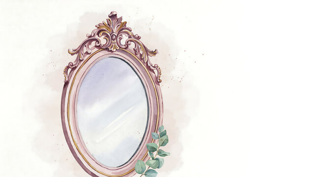 An ornate oval mirror with a vintage frame and eucalyptus leaves isolated on a transparent background