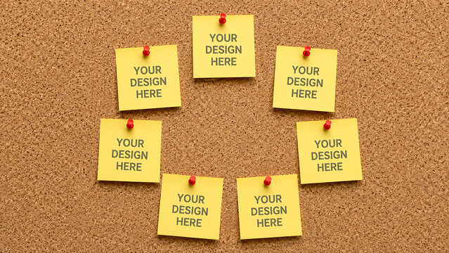 Yellow sticky notes mockup on cork board, seven paper adhesive memos with red push pins, office message board for business planning and brainstorming isolated on White Background ai