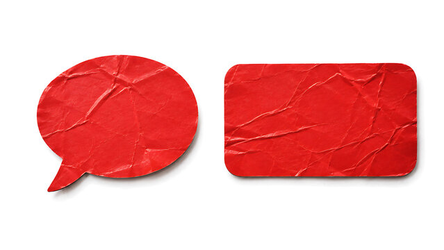 Crumpled red paper speech bubbles, textured paper stickers for social media, vibrant red chat icons with wrinkled paper texture isolated on White Background ai
