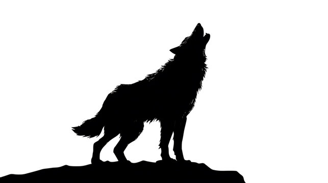 A black silhouette of a wolf howling at the moon against a white background