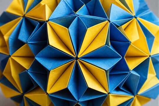Origami paper sphere folded into star pattern closeup studio