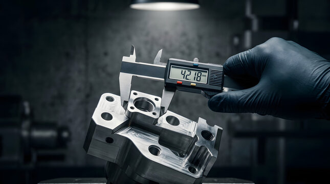 Quality control engineer measuring precision metal component with digital caliper in workshop