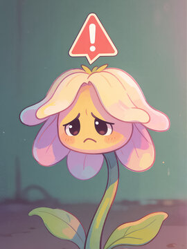 A sad cartoon flower with a triangle warning sign conveying a touching error message