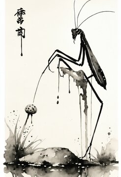 Minimalist Ink Wash Painting of Praying Mantis