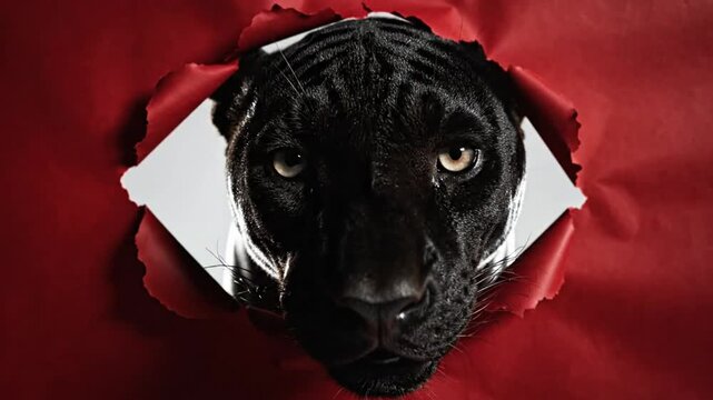 Black panther stares directly through hole torn in red paper with intimidating and focused eyes