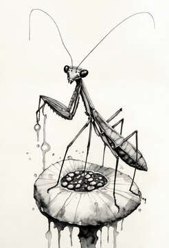 Surreal Ink Illustration of a Praying Mantis