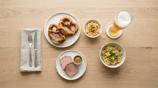 Traditional Bavarian Beer Garden Feast featuring Soft Pretzels Meatloaf Potato Salad Obatzda and Refreshing Golden Wheat Beer on Wood Table
