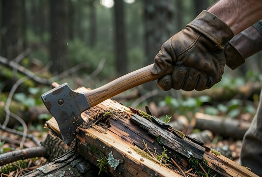 Gloved hand holding an axe splitting a log in a forest, outdoor work and survival