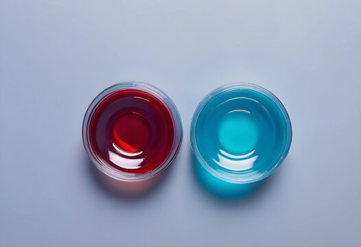 Red and blue liquid in clear plastic cups, top down view, scientific experiment or chemical analysis